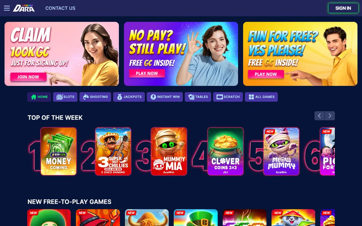 Dara Casino — Home page, captured from United States
