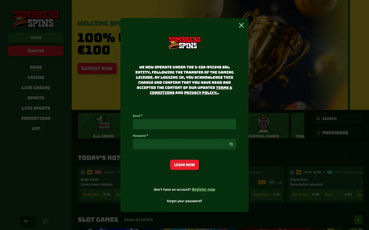 Sombrero Spins Casino — Sign-up, captured from Italy