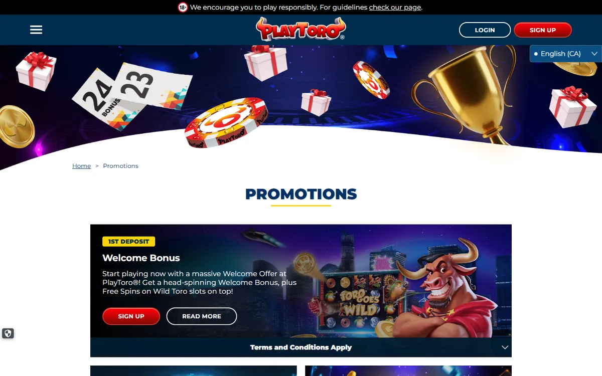 PlayToro Casino — «Акции», снято из страны Канада