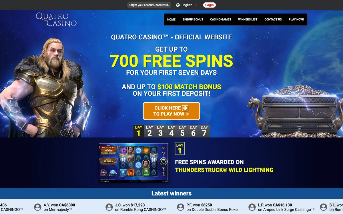 Quatro Casino — Home page, captured from New Zealand