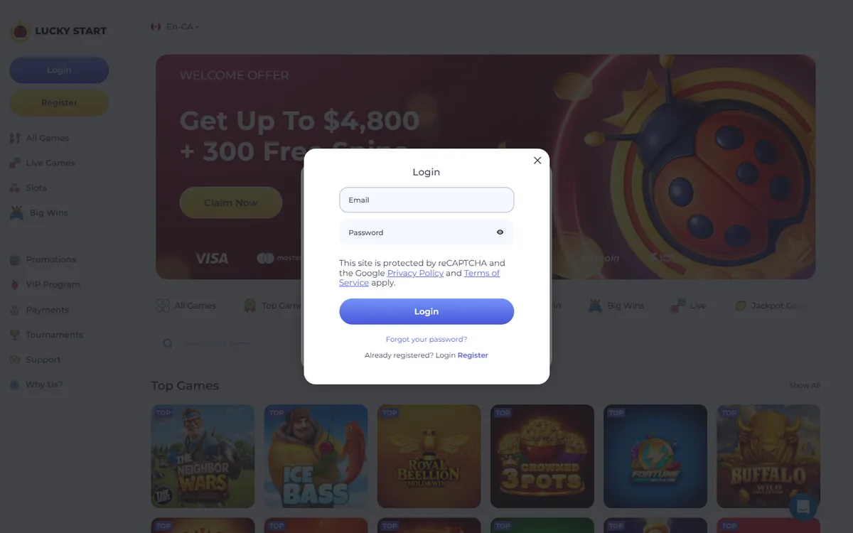 Luckystart Casino — «Регистрация», снято из страны Канада