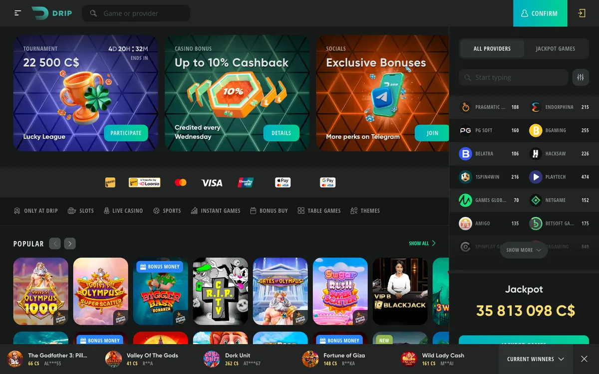 Drip Casino — Home page, captured from Canada