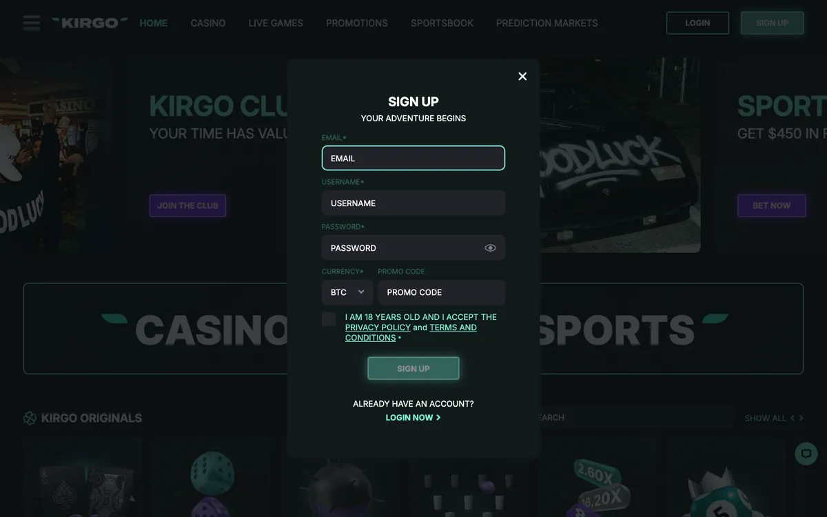 Kirgo Casino — Sign-up, captured from Canada