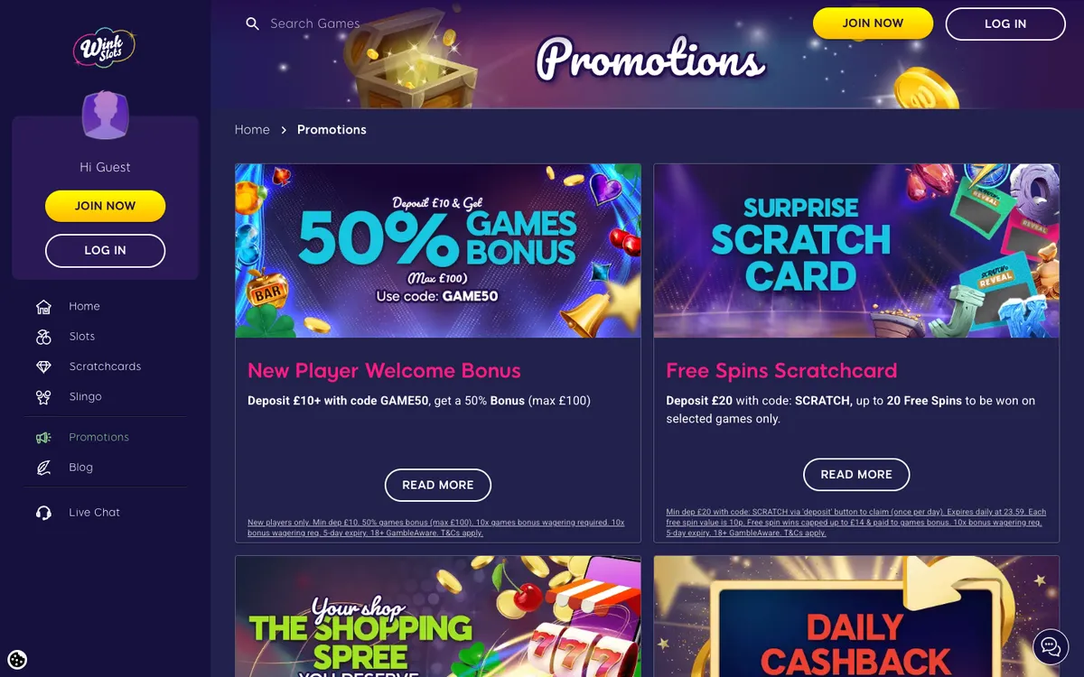 Wink Slots Casino — Promotions, captured from United Kingdom