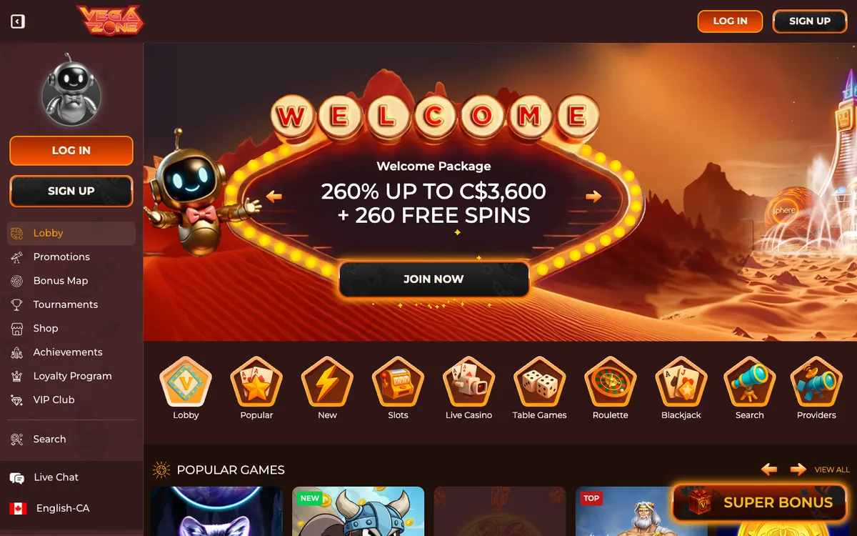 VegaZone Casino — Home page, captured from Canada