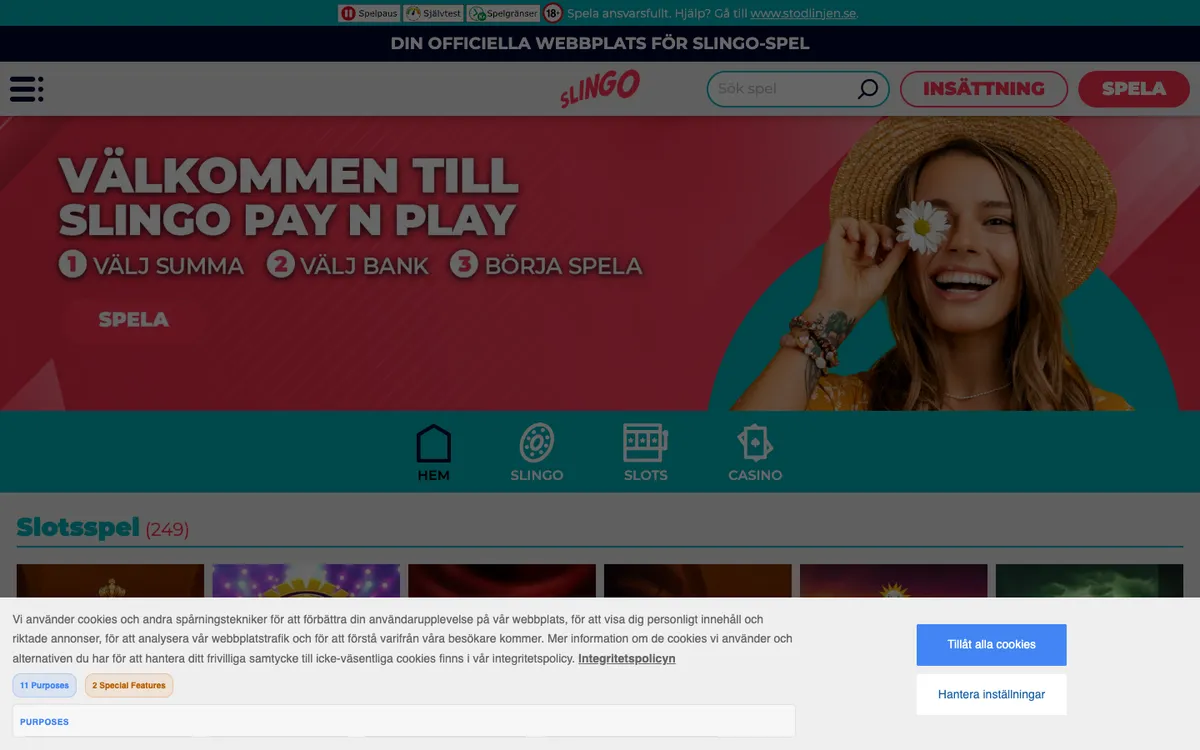 Slingo Casino — Home page, captured from Sweden