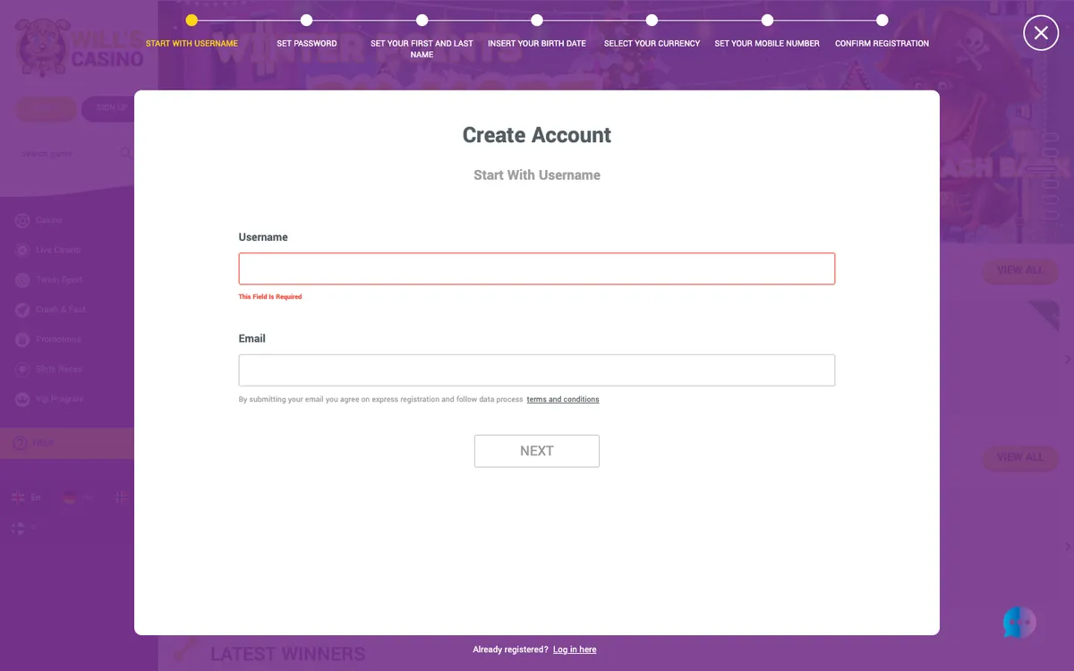 Will's Casino — Sign-up, captured from Canada