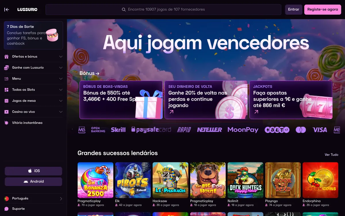 Lussurio Casino — Home page, captured from Portugal