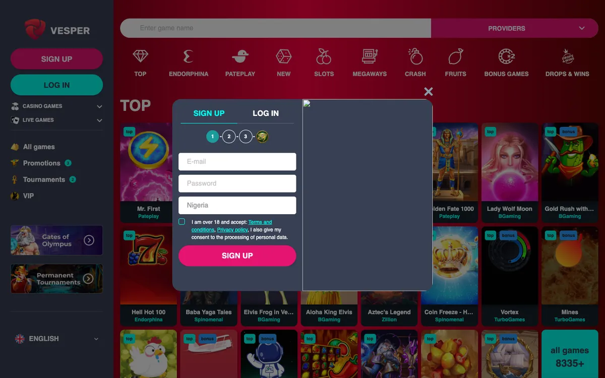 Vesper Casino — Sign-up, captured from Nigeria