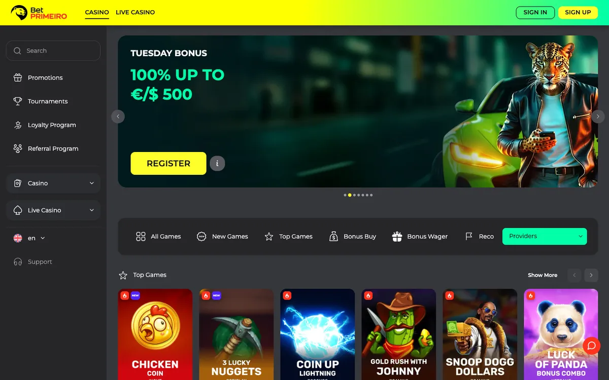 BetPRIMEIRO Casino — Home page, captured from Australia