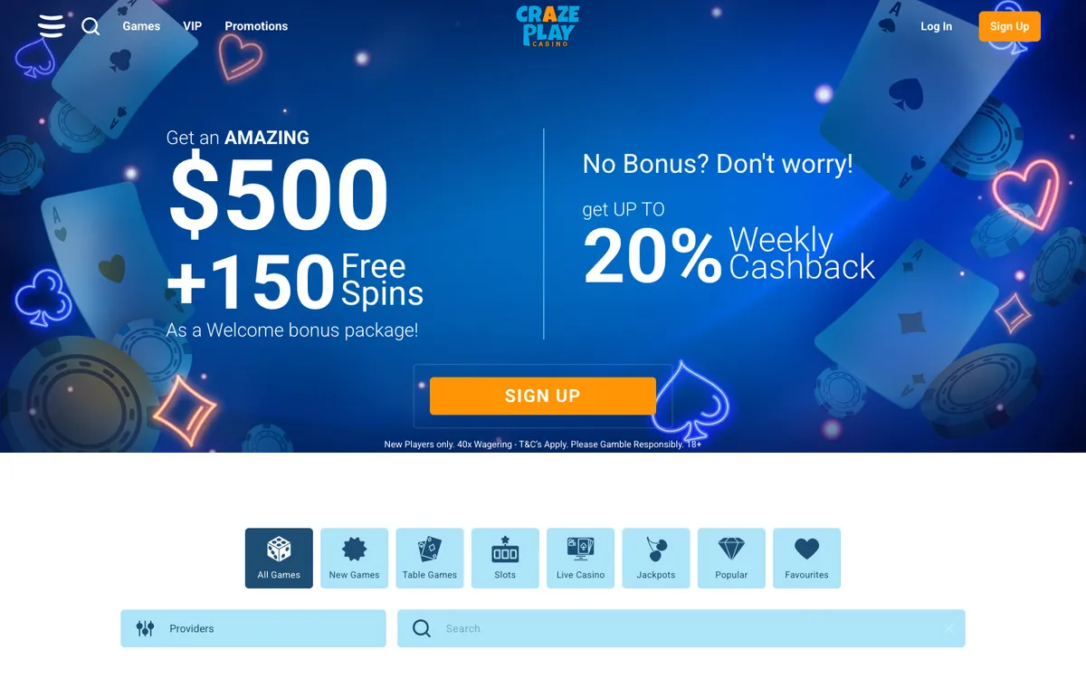 CrazePlay Casino — «Главная», снято из страны Канада
