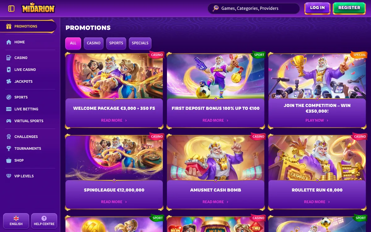 Midarion Casino — Promotions, captured from New Zealand