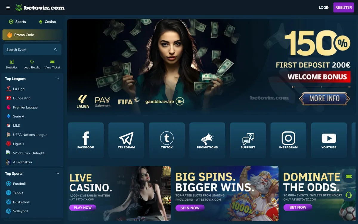 Betovix Casino — Home page, captured from United Arab Emirates