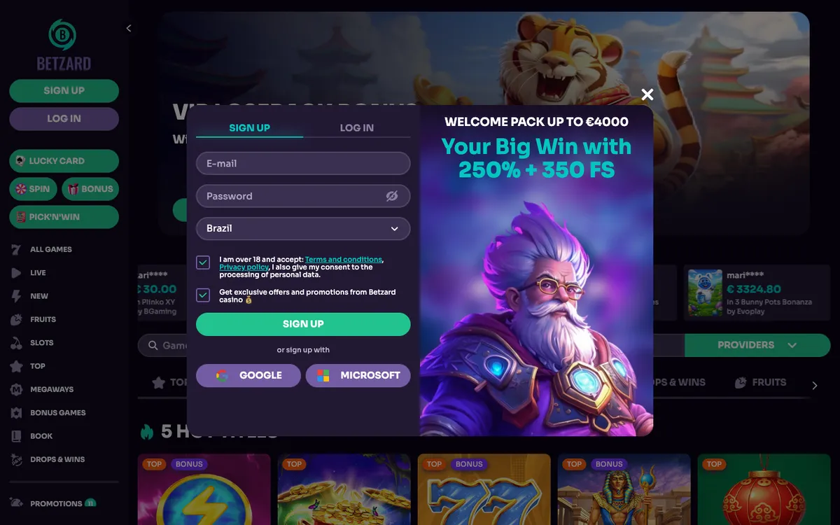 Betzard Casino — Sign-up, captured from Brazil