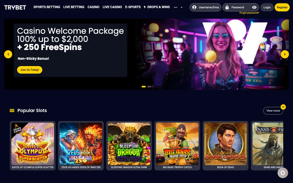 Trybet Casino — Home page, captured from Canada