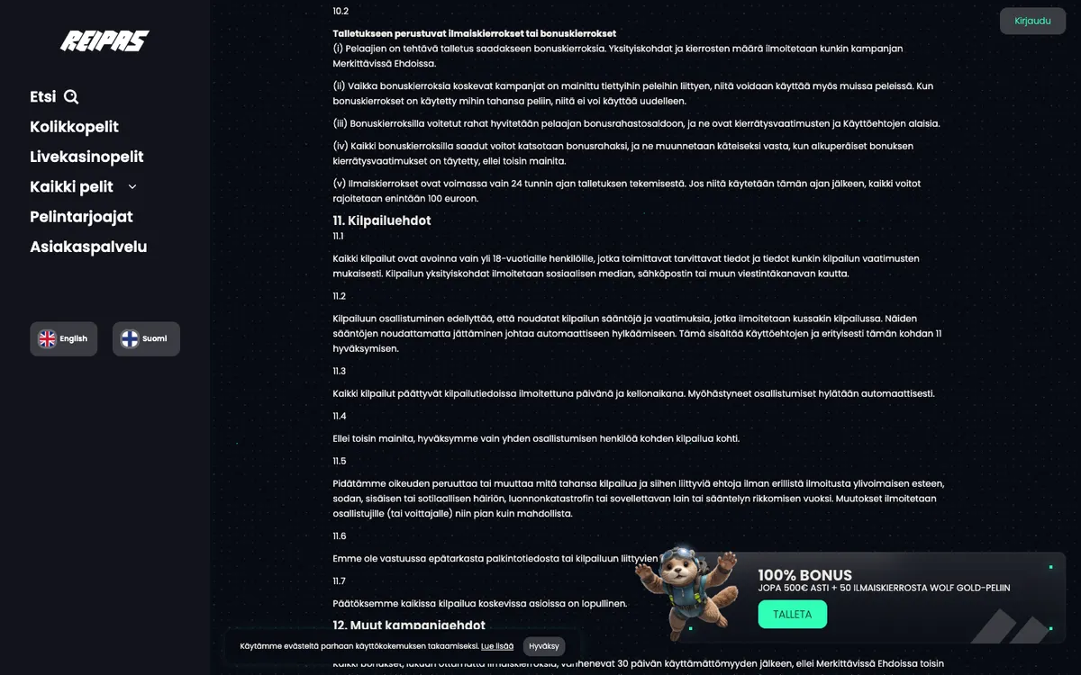 Reipas Casino — Promotions, captured from Finland