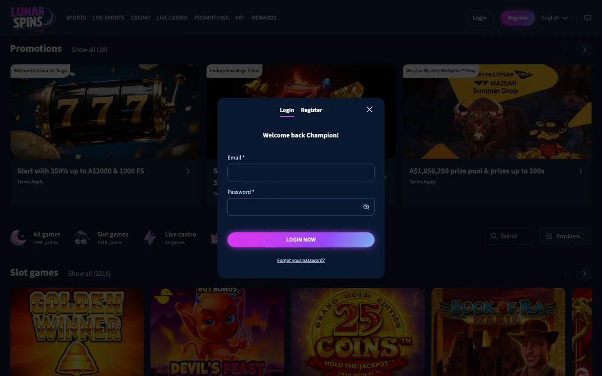 Lunarspins Casino — Sign-up, captured from Australia