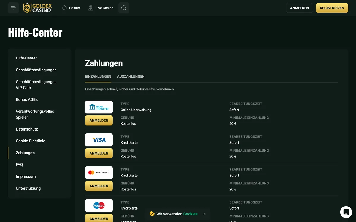 Goldex Casino — Payments, captured from Austria