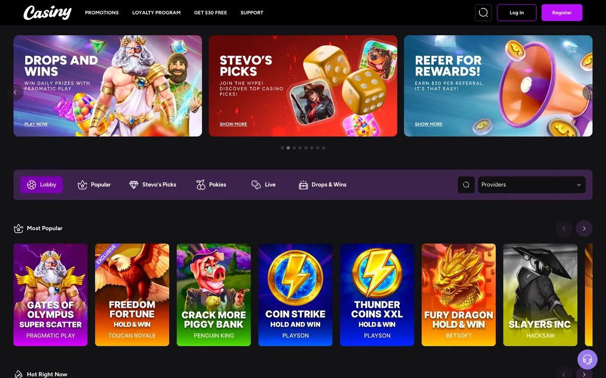 Casiny Casino — Home page, captured from Australia