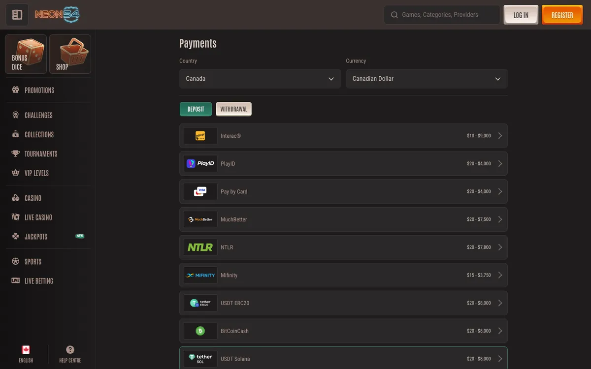 Neon54 Casino — Payments, captured from Canada
