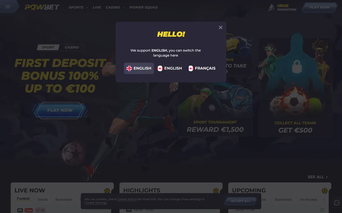 PowBet Casino — Home page, captured from Canada