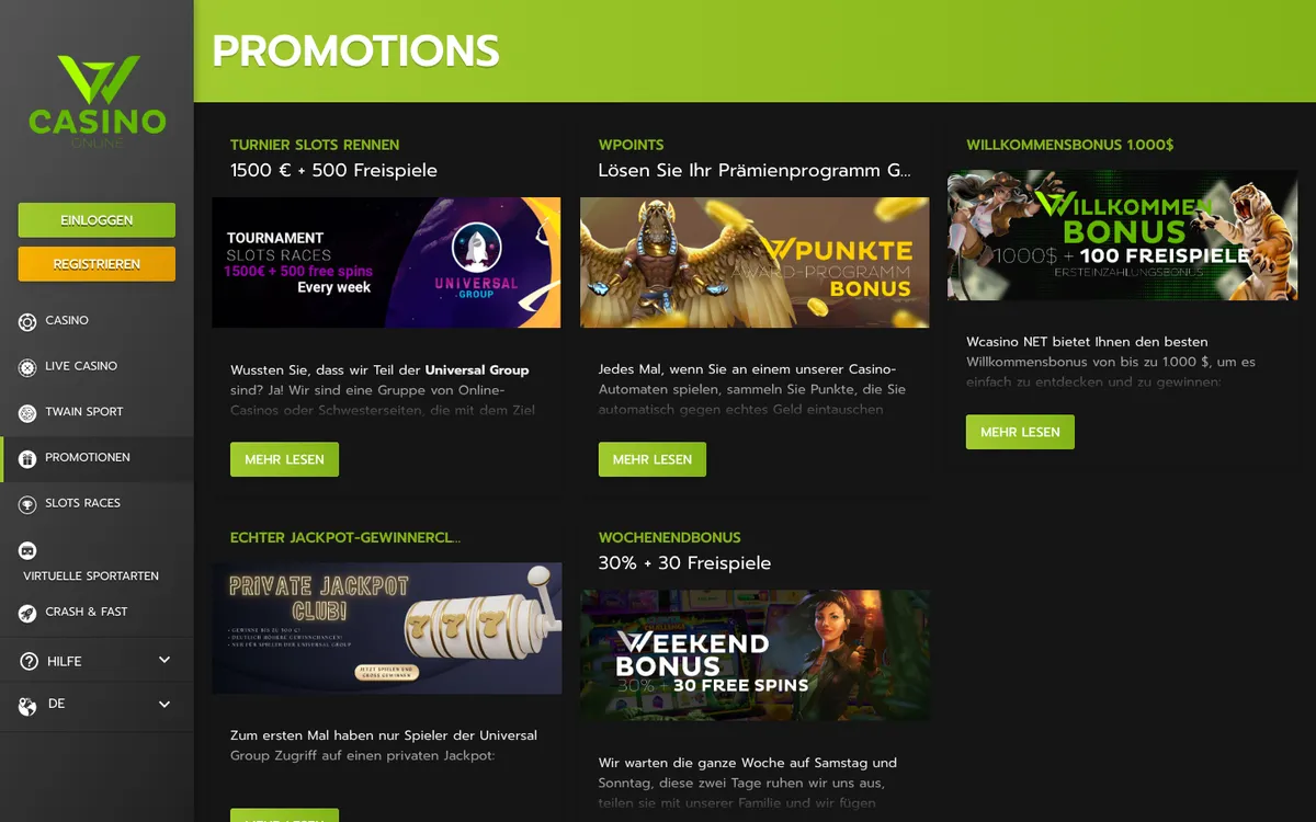 Wcasino Online — Promotions, captured from Germany