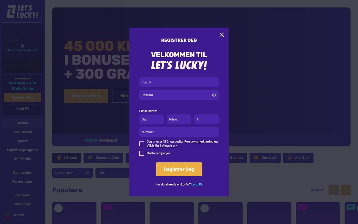LetsLucky Casino — «Регистрация», снято из страны Норвегия