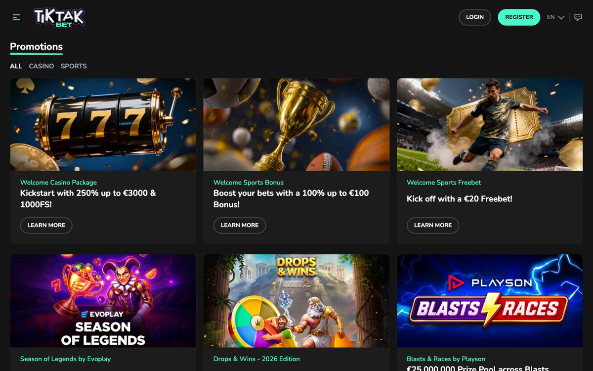 TikTak Bet Casino — Promotions, captured from Austria