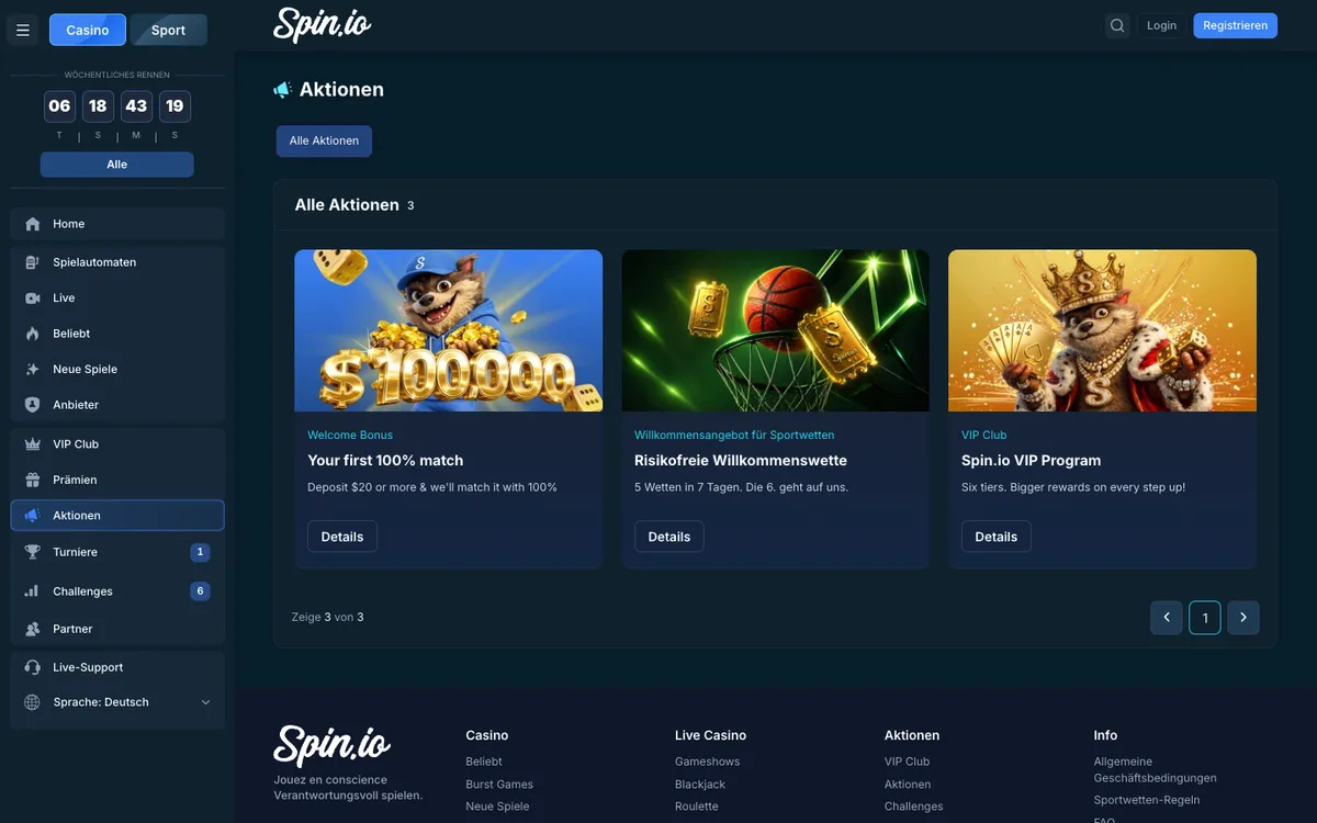Spin.io Casino — Promotions, captured from Austria