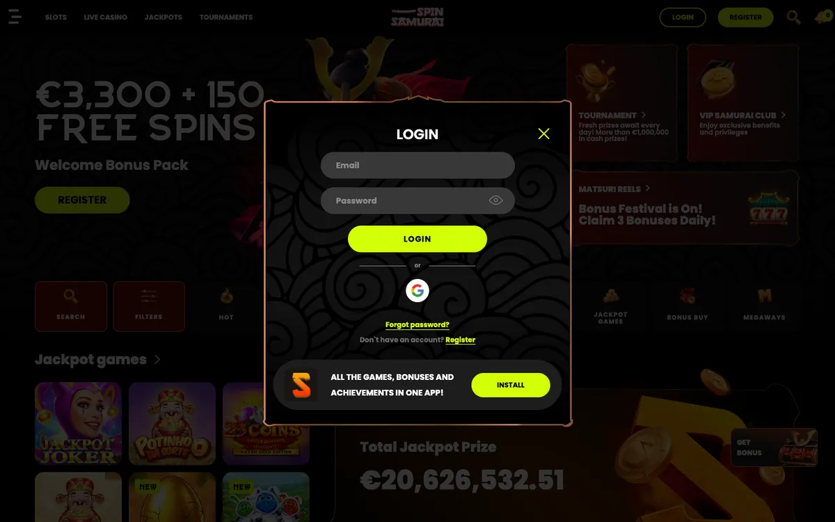 Spin Samurai Casino — Sign-up, captured from South Africa