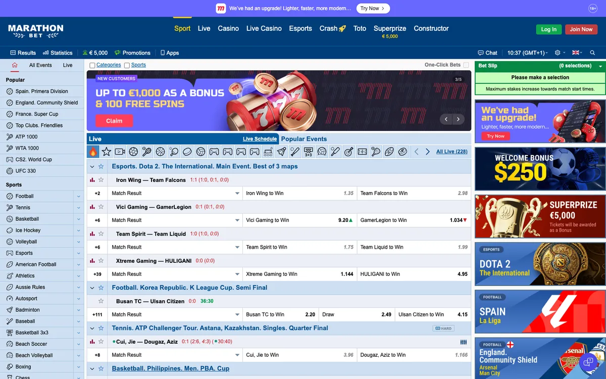 Marathonbet Casino — Home page, captured from Canada