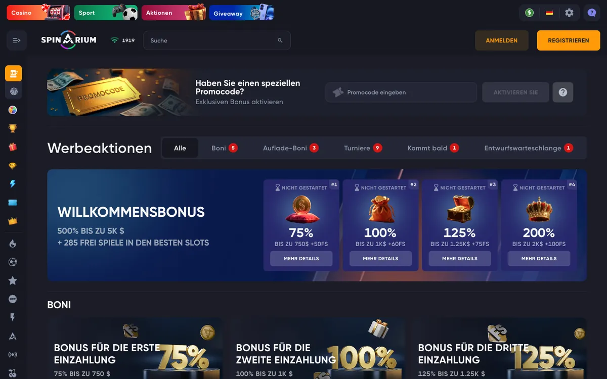Spinarium Casino — Promotions, captured from Austria