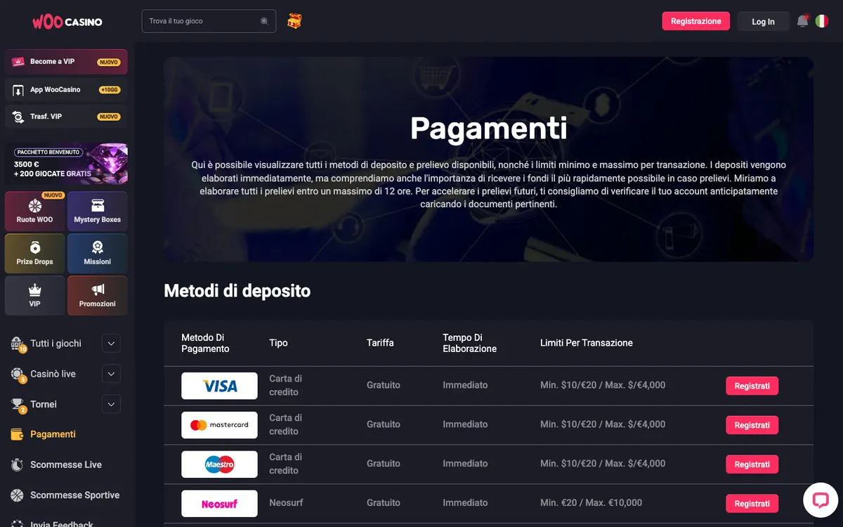 Woocasino — Payments, captured from Italy
