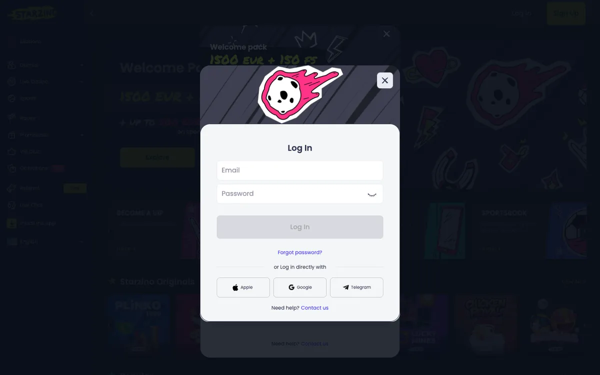 Starzino Casino — Sign-up, captured from Belgium