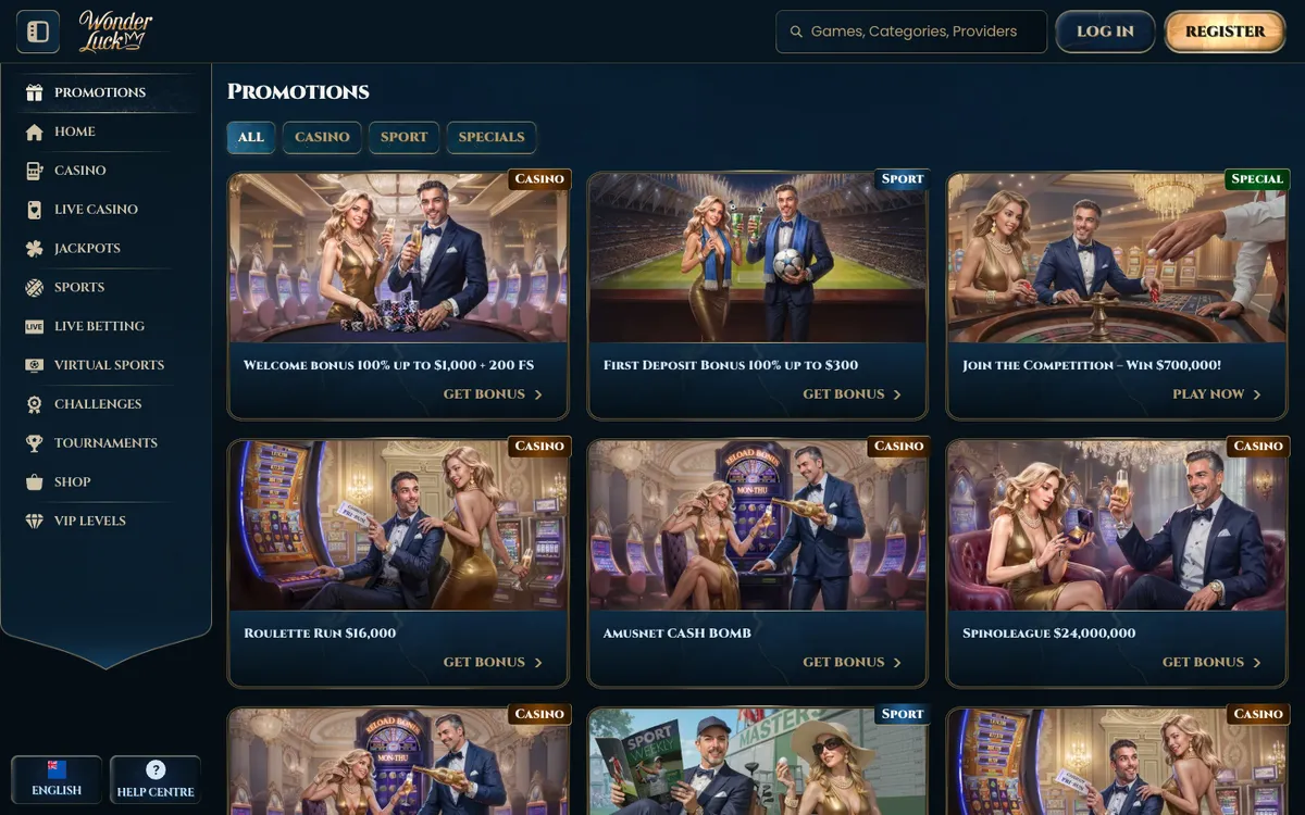 WonderLuck Casino — Promotions, captured from New Zealand