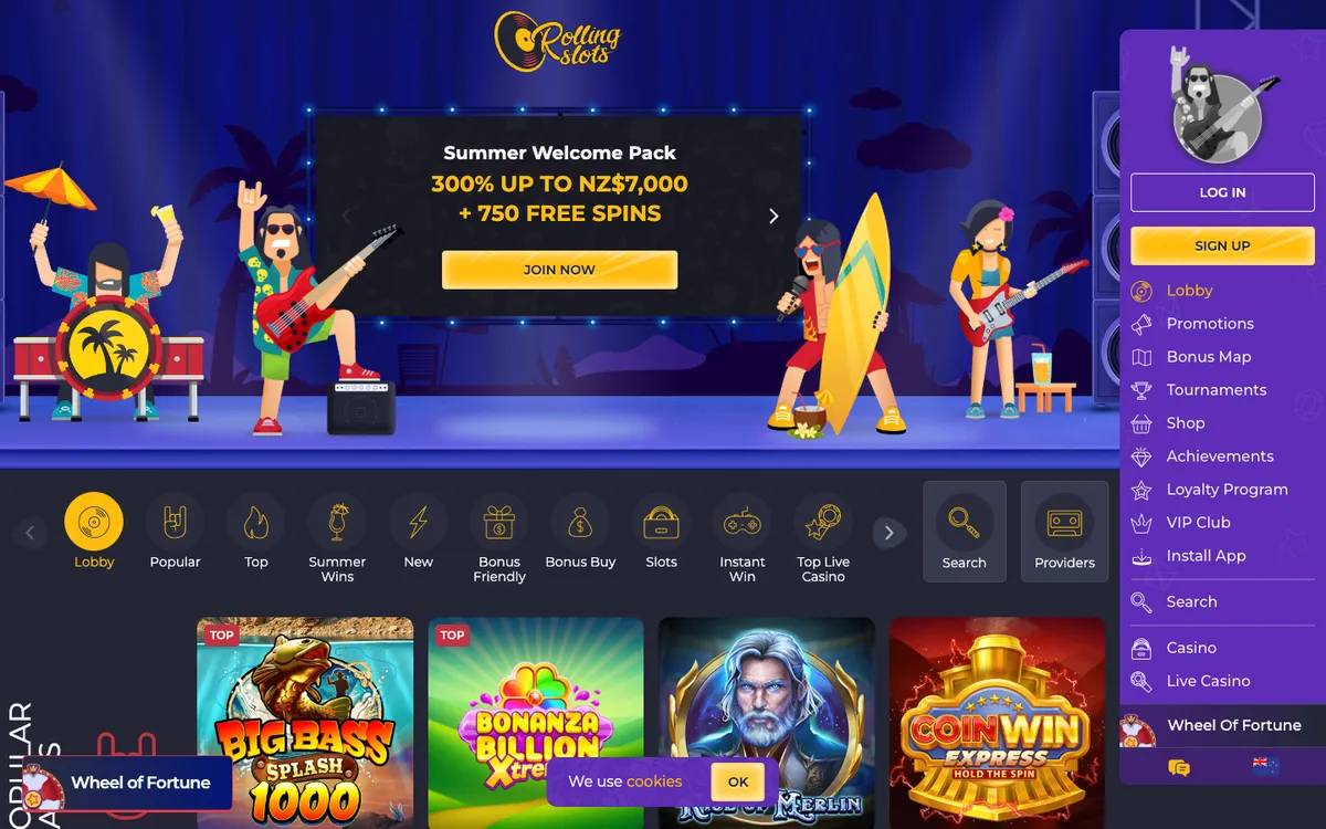 Rolling Slots Casino — Home page, captured from New Zealand