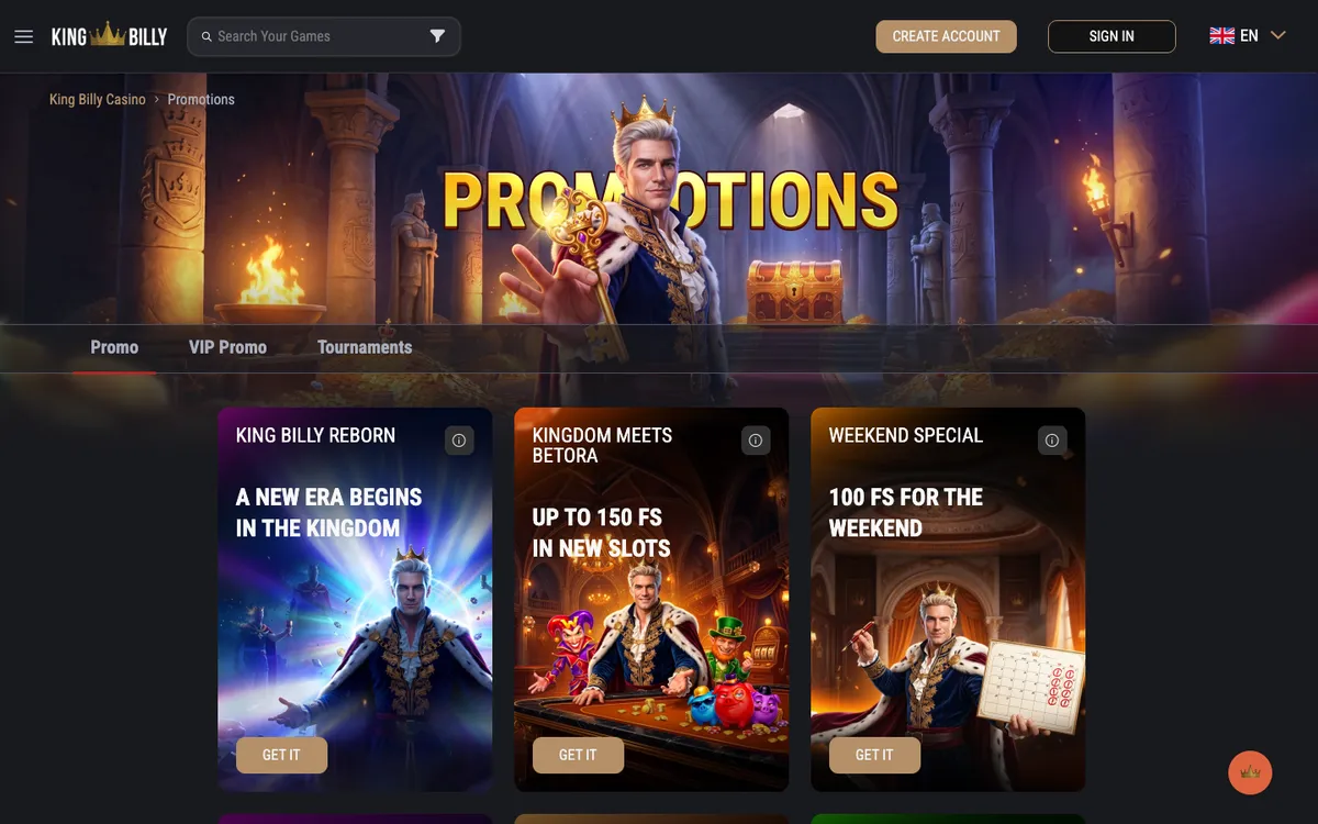 King Billy Casino — Promotions, captured from Belgium