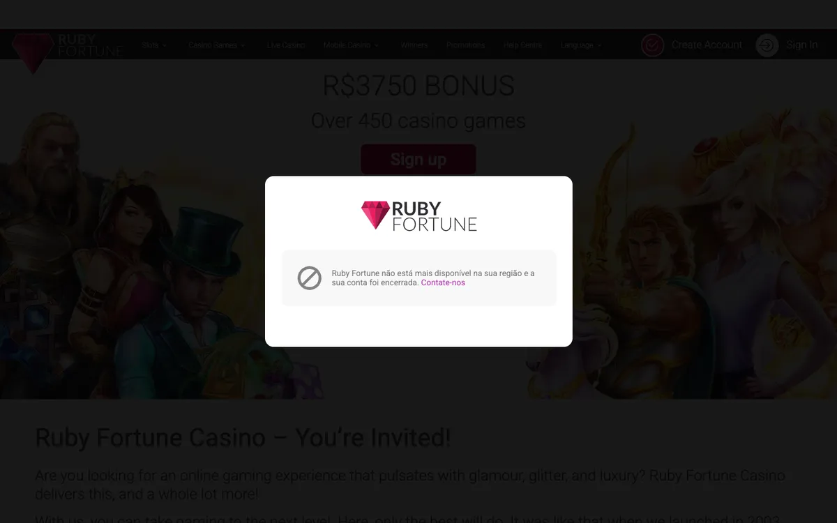 Ruby Fortune Casino — Home page, captured from Brazil