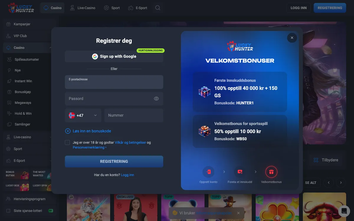 Lucky Hunter Casino — «Регистрация», снято из страны Норвегия