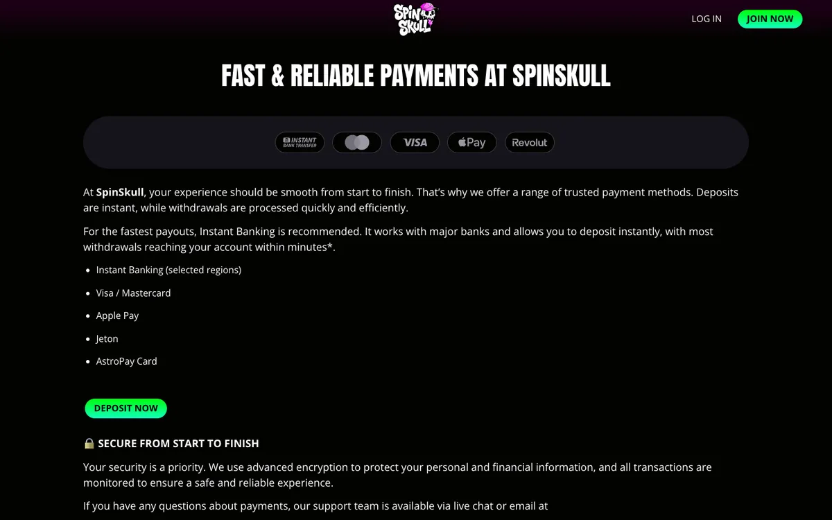 SpinSkull Casino — Payments, captured from Austria