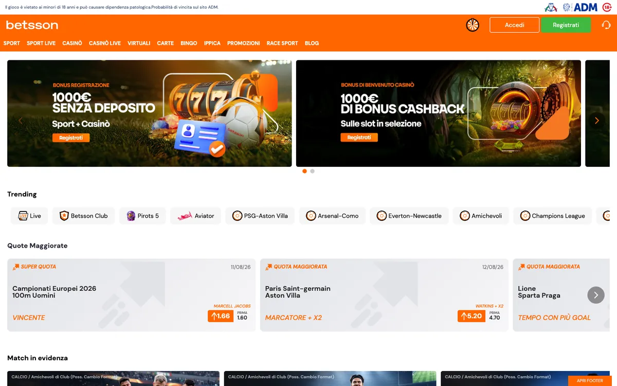 Betsson Casino — Home page, captured from Italy