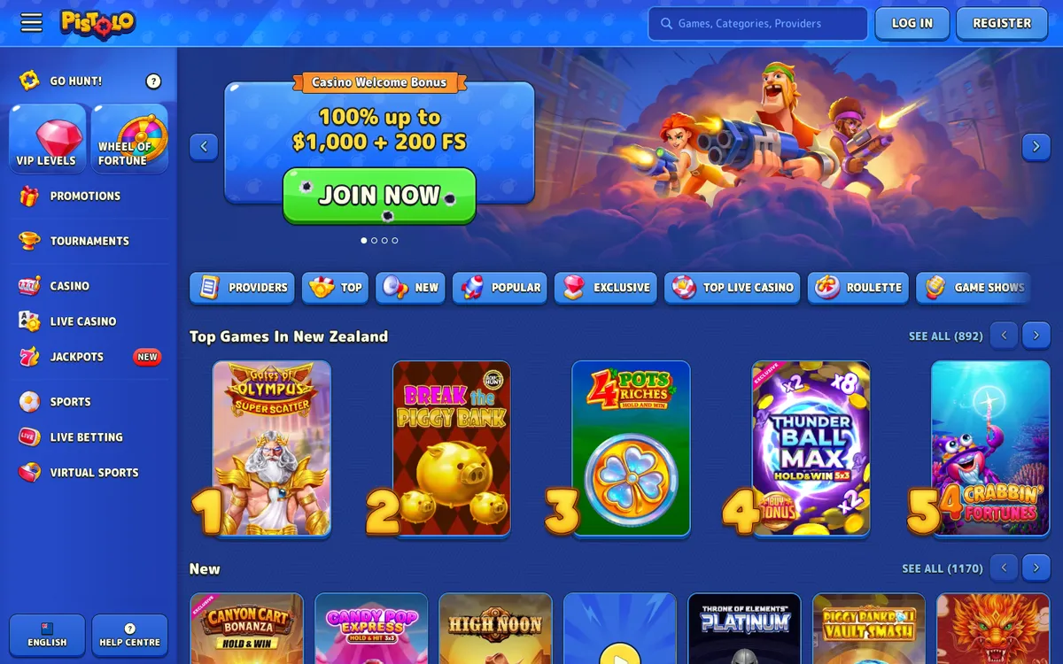 Pistolo Casino — Home page, captured from New Zealand