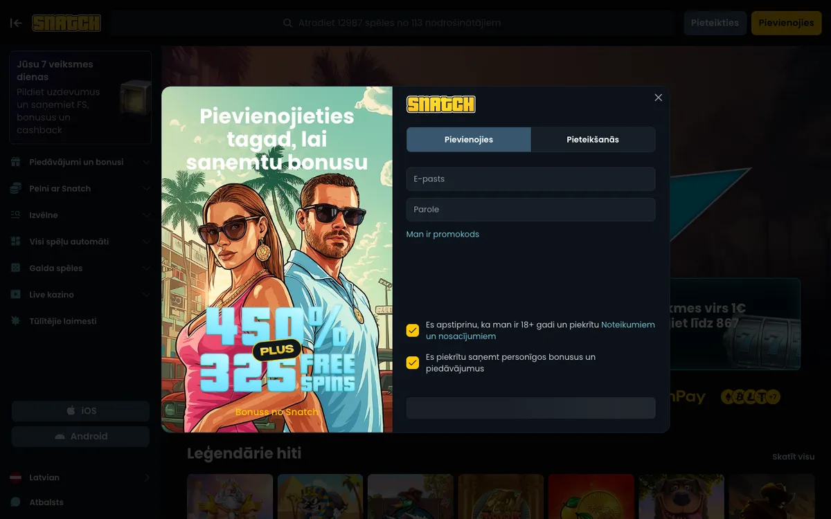 Snatch Casino — Home page, captured from Latvia