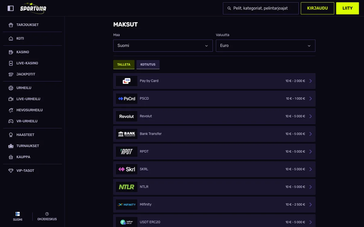 Sportuna Casino — Payments, captured from Finland