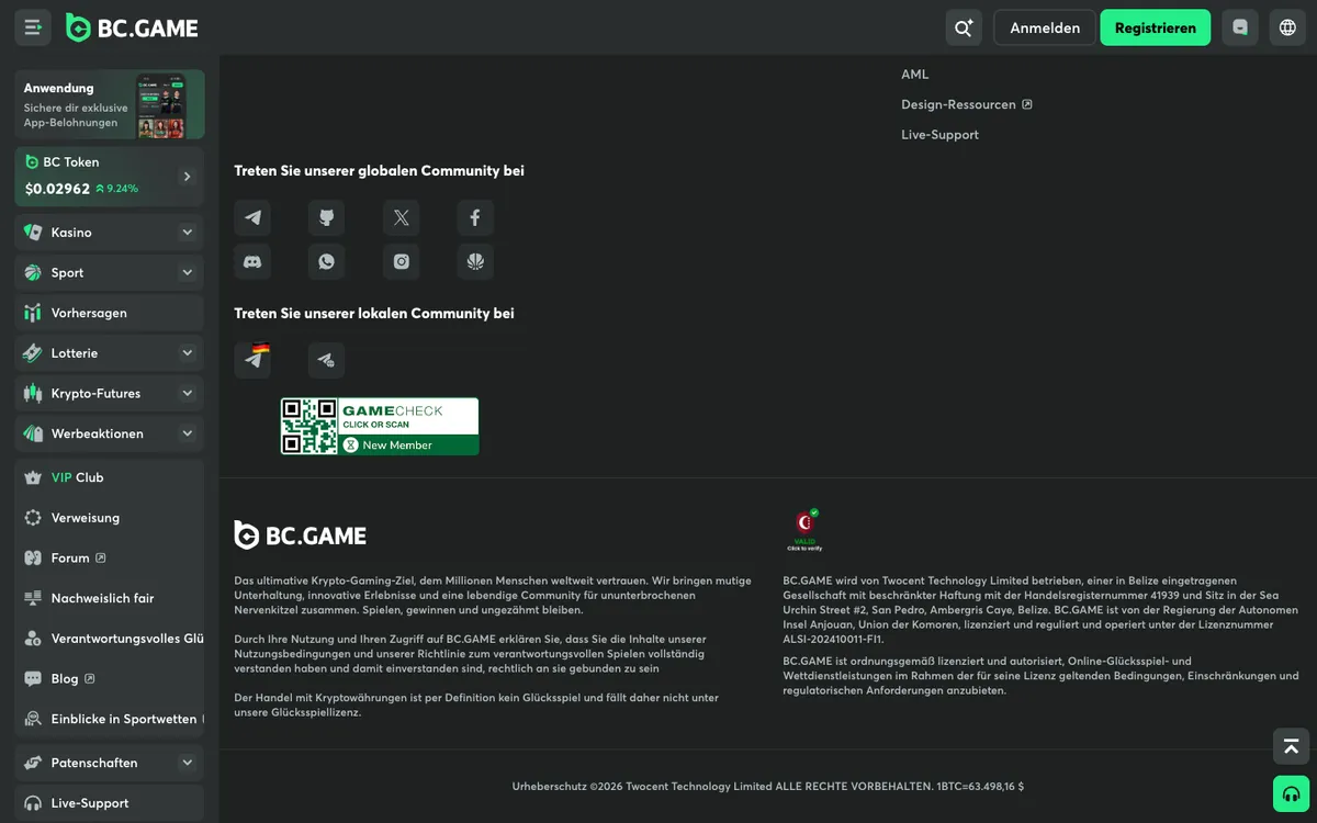 BC.Game Casino — Home page, captured from Switzerland