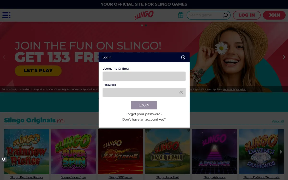 Slingo Casino — Sign-up, captured from France