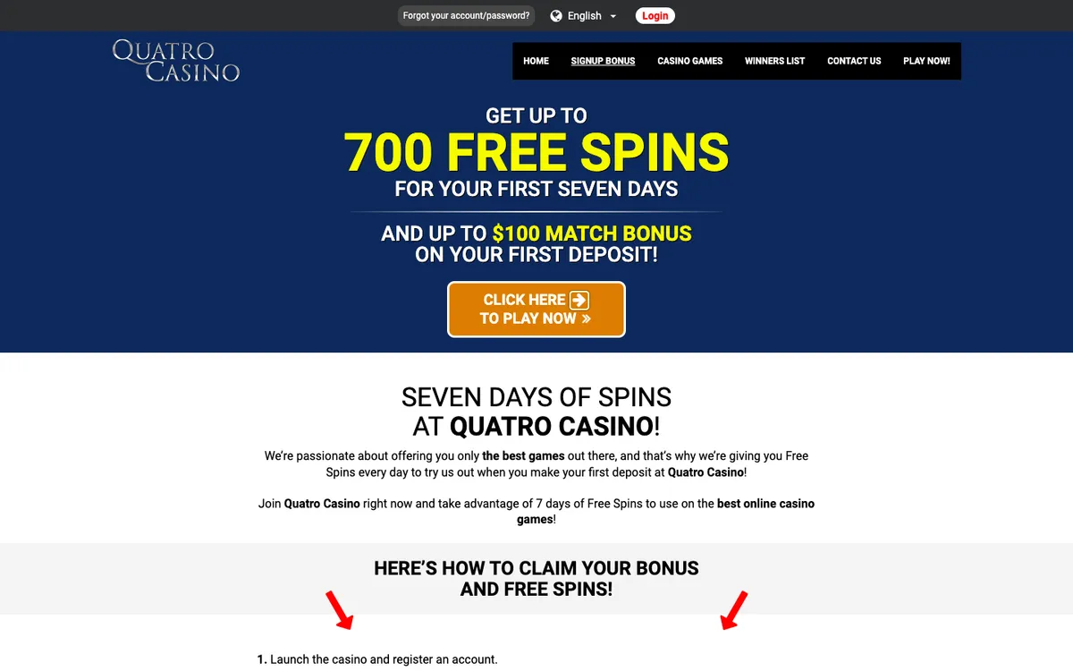 Quatro Casino — «Регистрация», снято из страны Финляндия