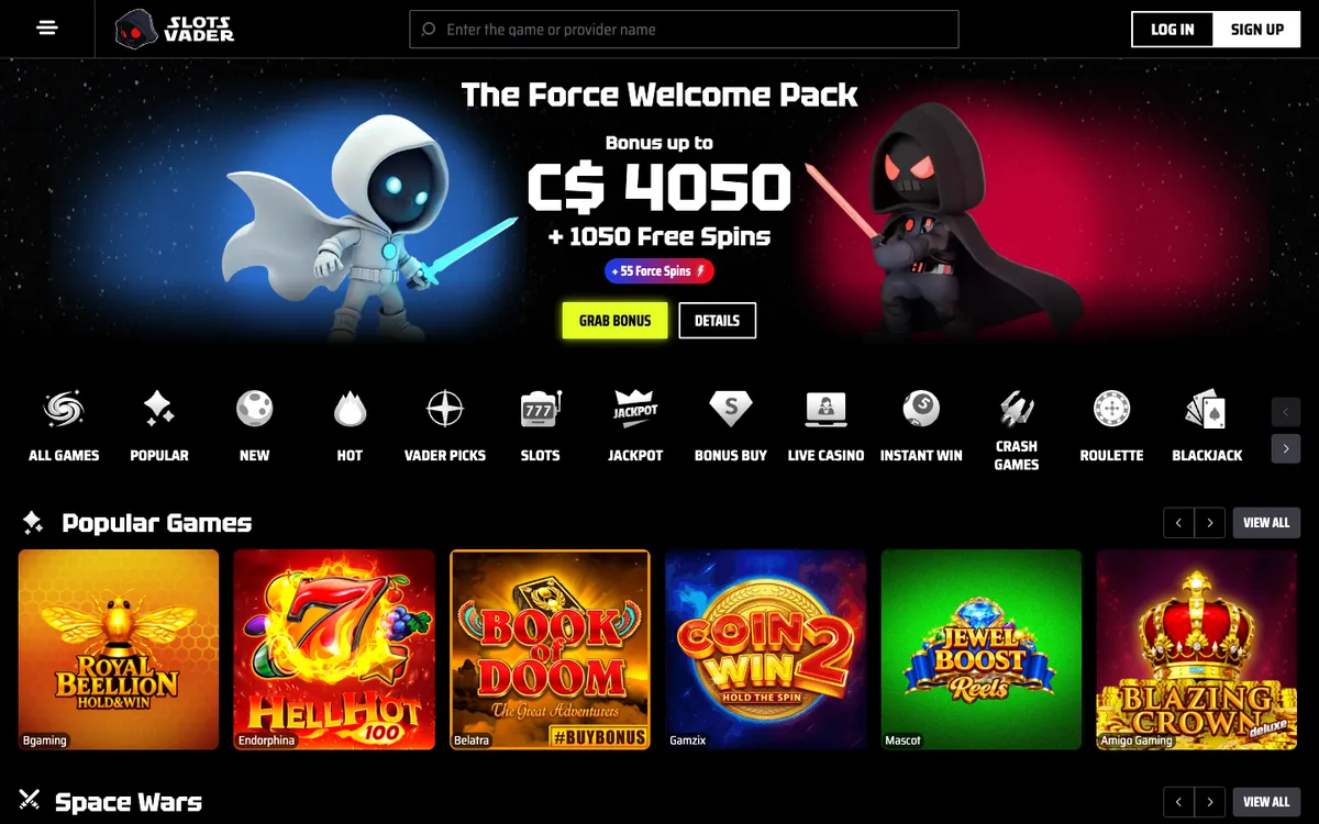 SlotsVader Casino — «Главная», снято из страны Канада