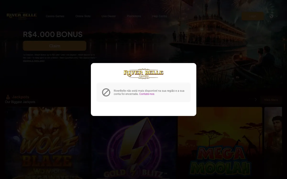 River Belle Casino — Home page, captured from United Kingdom