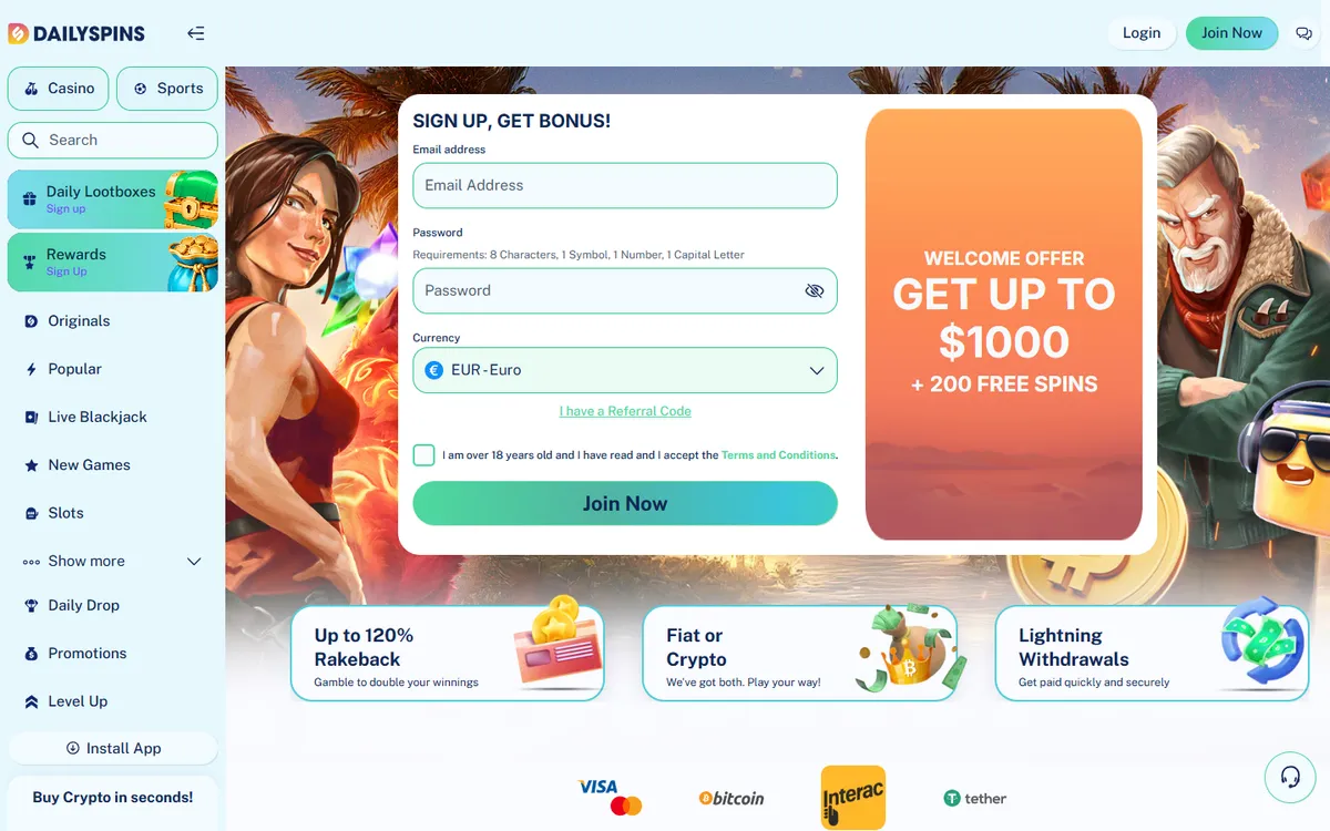 Dailyspins Casino — Home page, captured from Canada